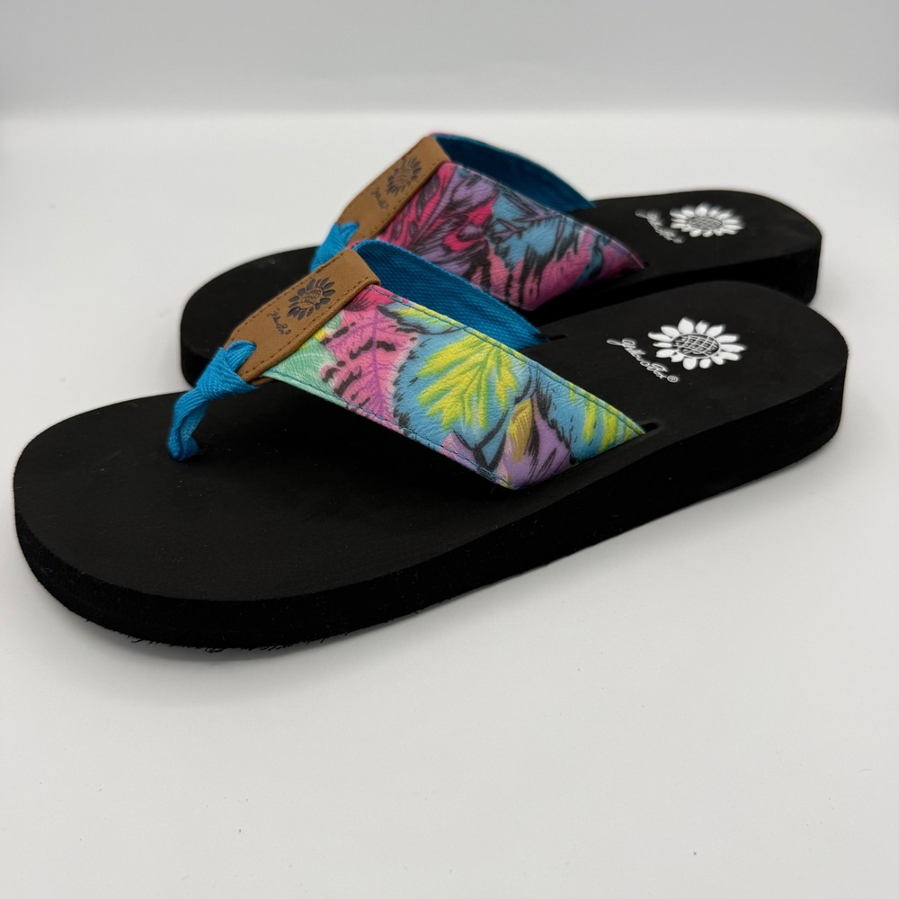 Yellow Box Flip Flop Womens 8 Black Multicolor Tropical Platform Beach comfort - Picture 3 of 6